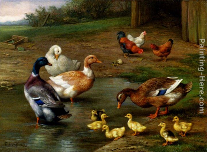 Chickens, Ducks and Ducklings Paddling painting - Edgar Hunt Chickens, Ducks and Ducklings Paddling art painting